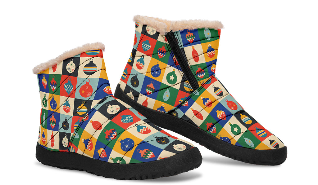 Retro Xmas Baubles Faux Fur Ankle Boots