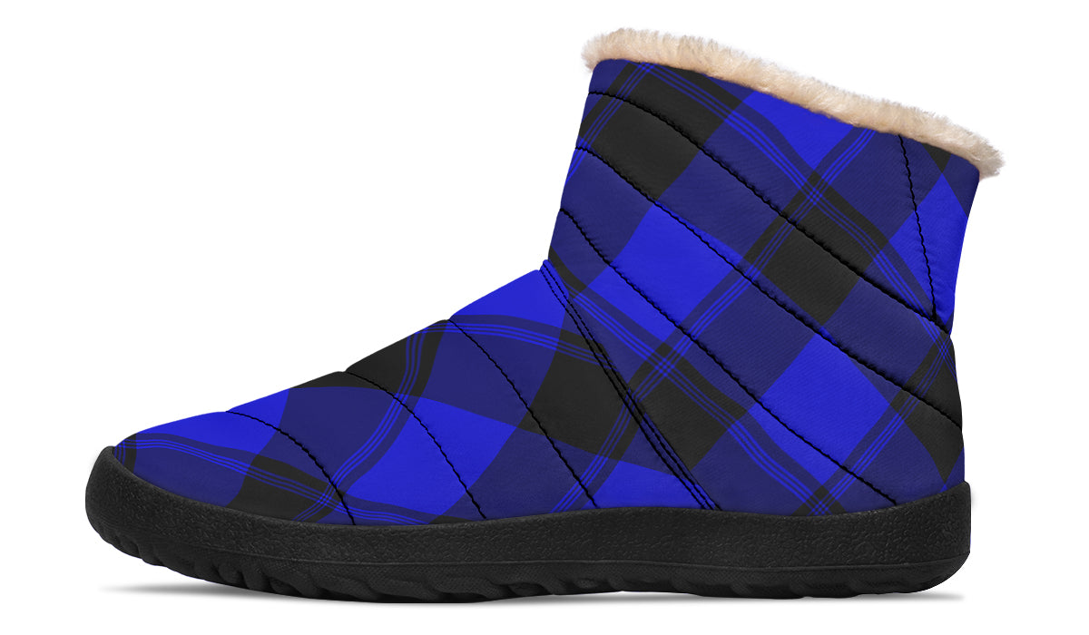 Vivid Blue Plaid Faux Fur Ankle Boots