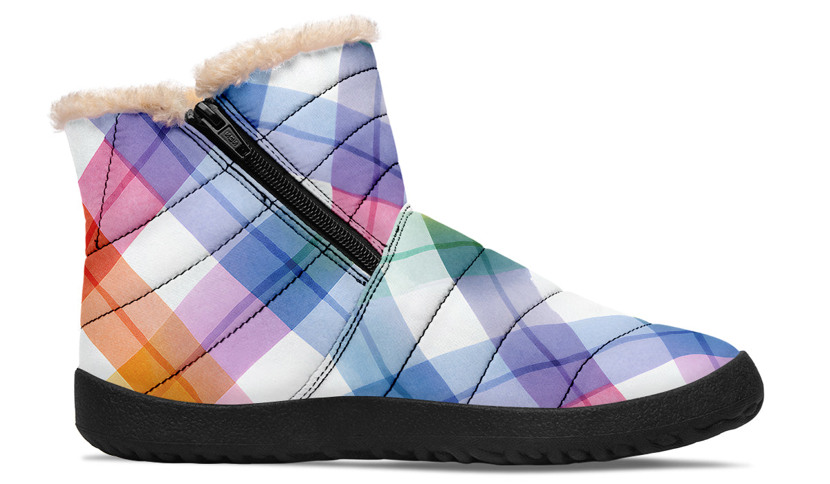Watercolour Rainbow Plaid Faux Fur Ankle Boots