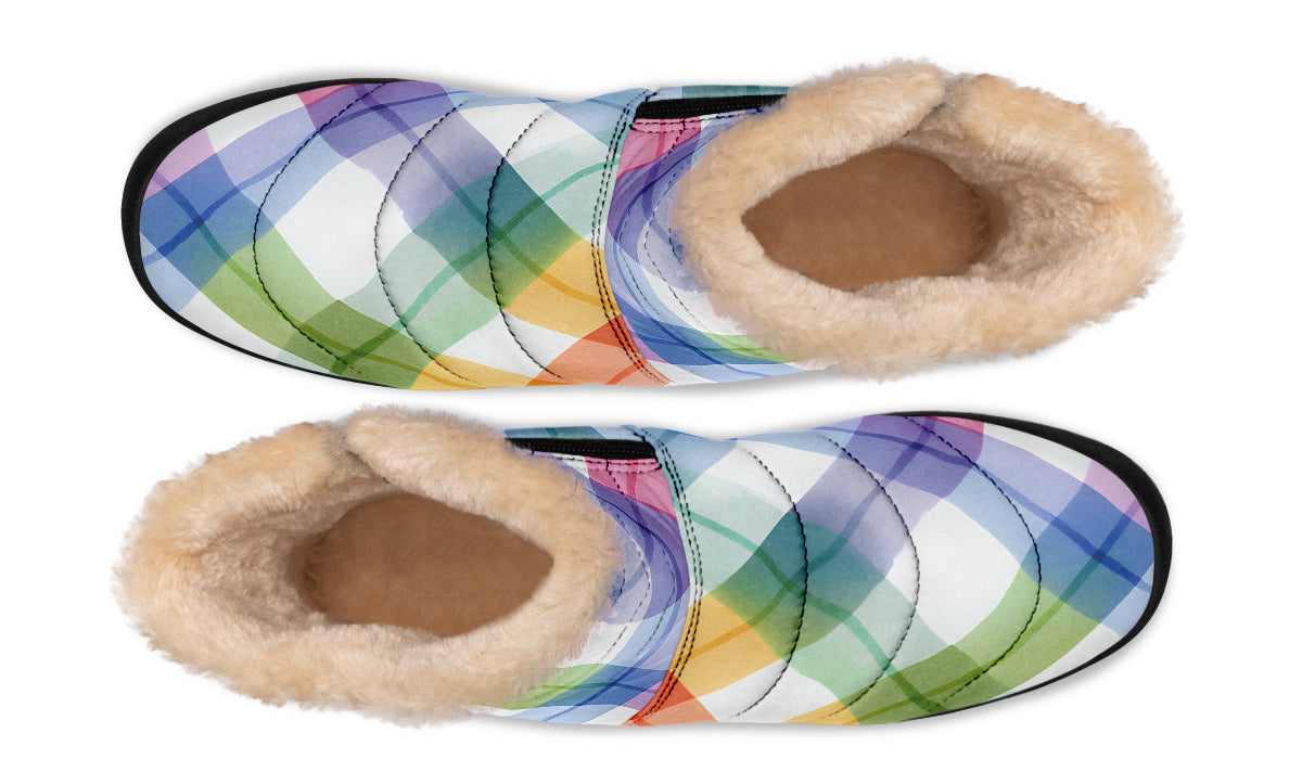 Watercolour Rainbow Plaid Faux Fur Ankle Boots