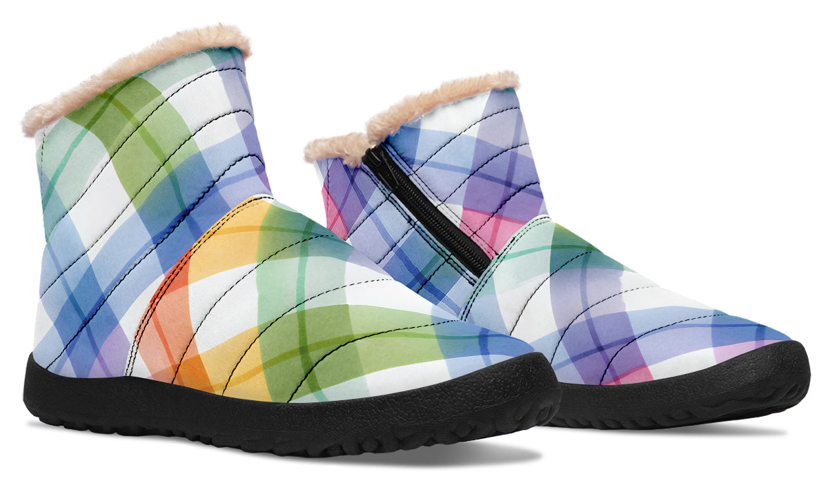 Watercolour Rainbow Plaid Faux Fur Ankle Boots