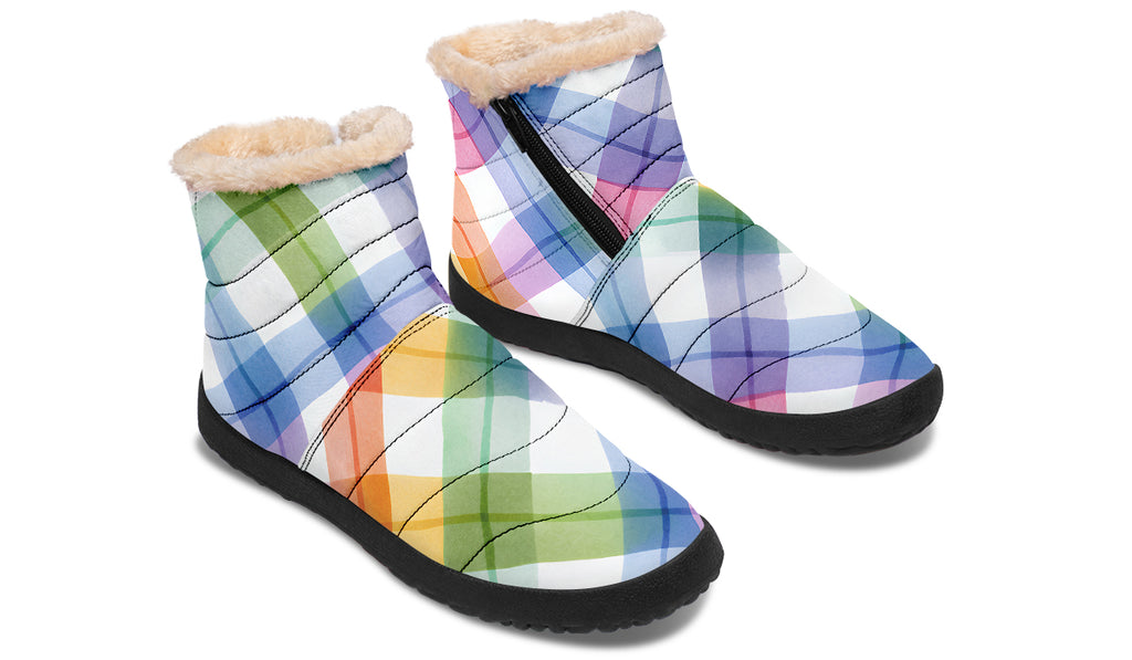 Watercolour Rainbow Plaid Faux Fur Ankle Boots