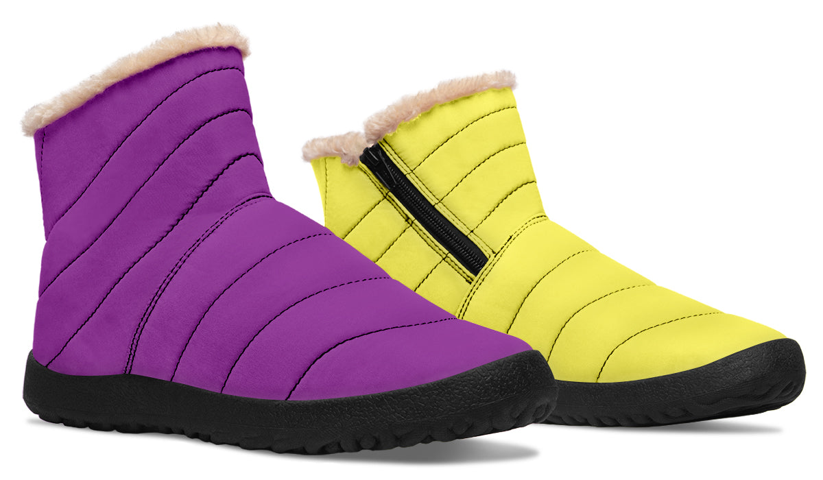 Yellow And Purple Mismatch Faux Fur Ankle Boots