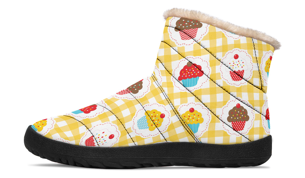 Yellow Gingham Cupcakes Faux Fur Ankle Boots