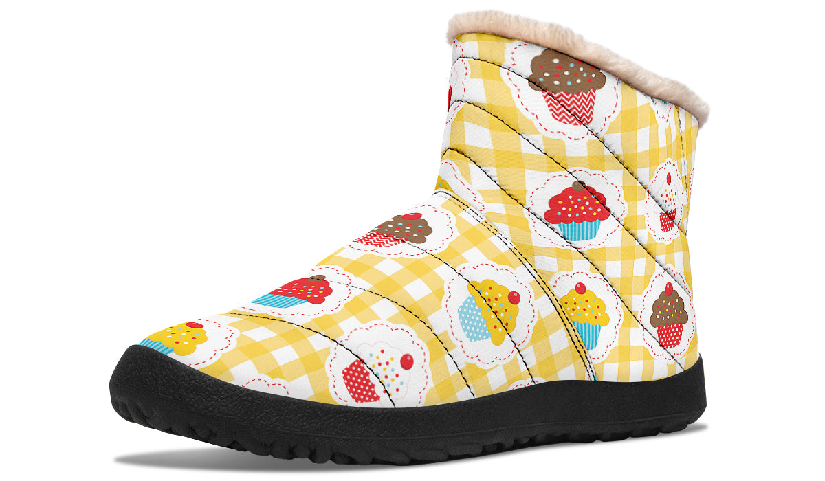 Yellow Gingham Cupcakes Faux Fur Ankle Boots
