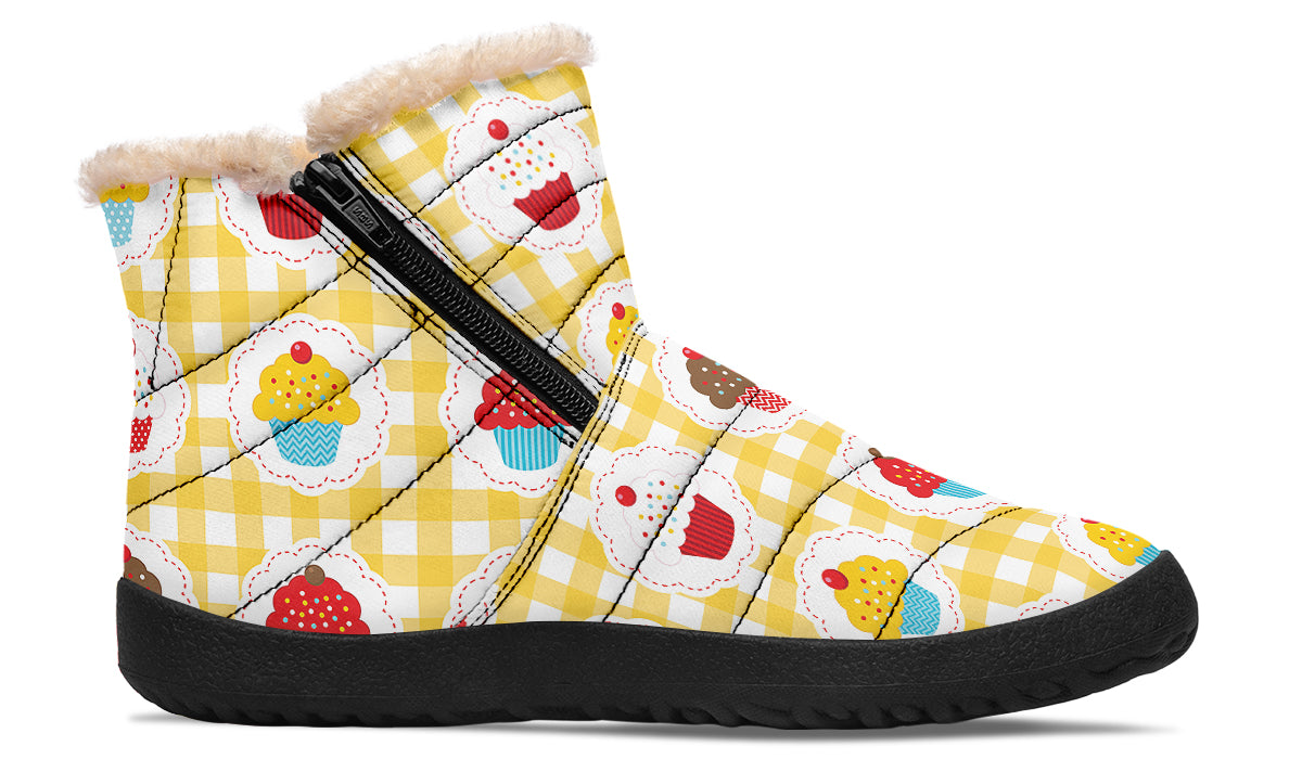 Yellow Gingham Cupcakes Faux Fur Ankle Boots