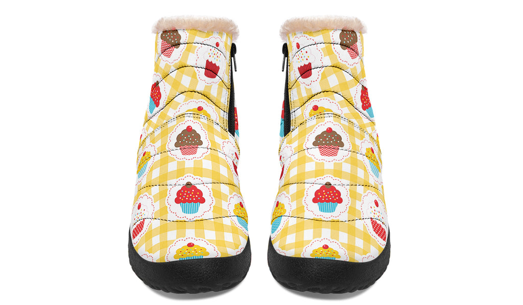 Yellow Gingham Cupcakes Faux Fur Ankle Boots