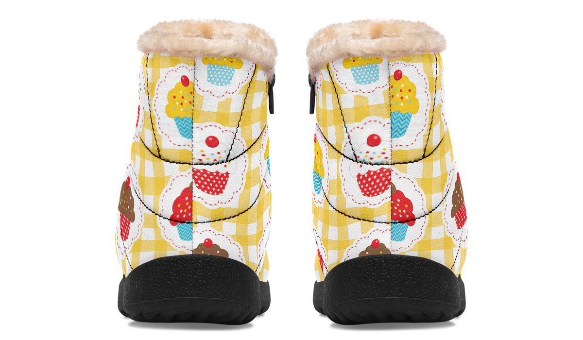 Yellow Gingham Cupcakes Faux Fur Ankle Boots