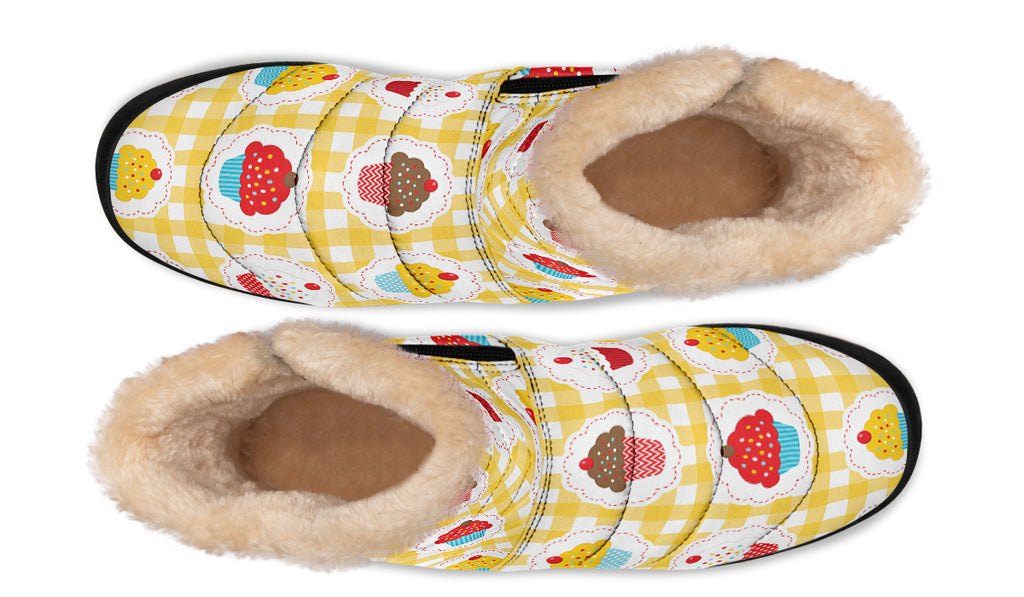 Yellow Gingham Cupcakes Faux Fur Ankle Boots