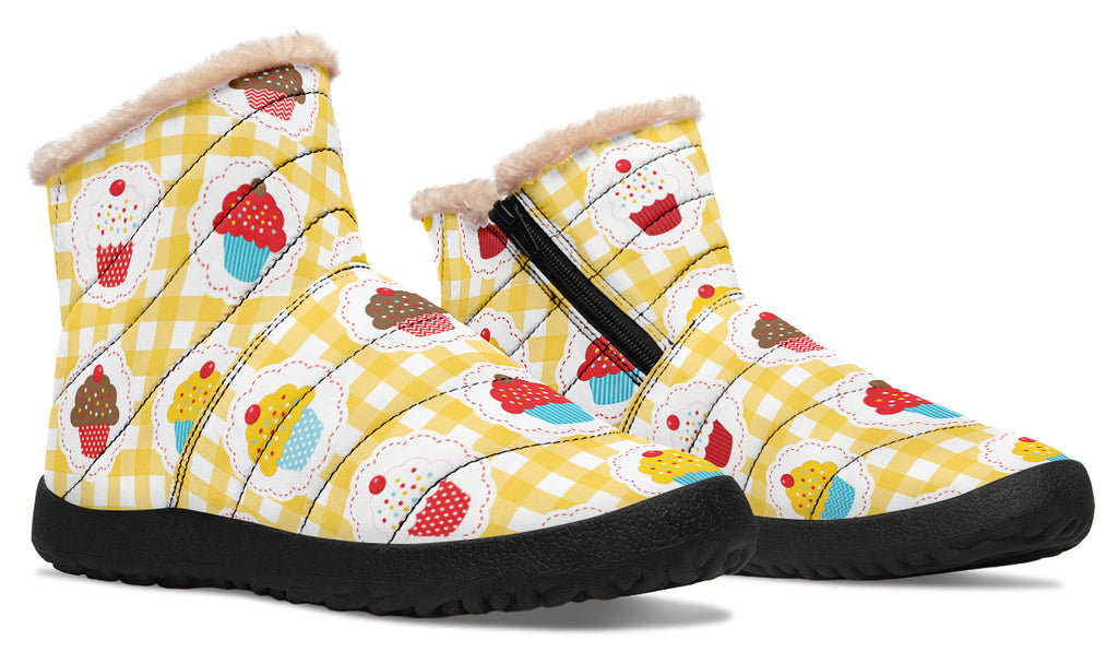 Yellow Gingham Cupcakes Faux Fur Ankle Boots