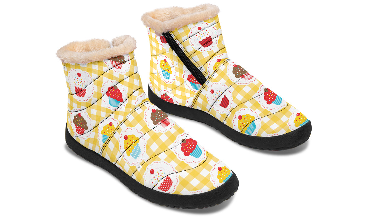 Yellow Gingham Cupcakes Faux Fur Ankle Boots