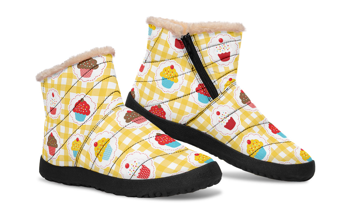 Yellow Gingham Cupcakes Faux Fur Ankle Boots