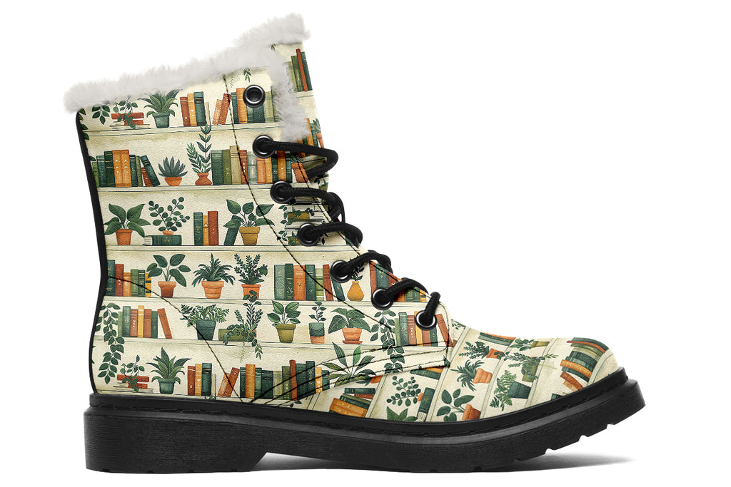 Books And Plants Faux Fur Boots - Offbeat Sweetie