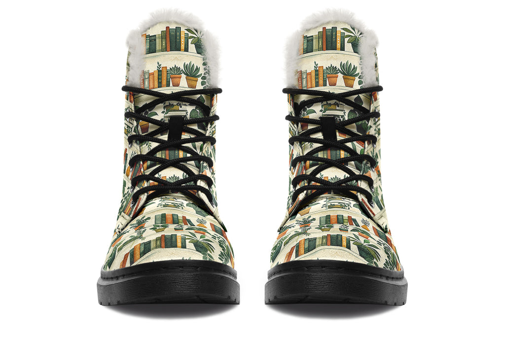 Books And Plants Faux Fur Boots - Offbeat Sweetie
