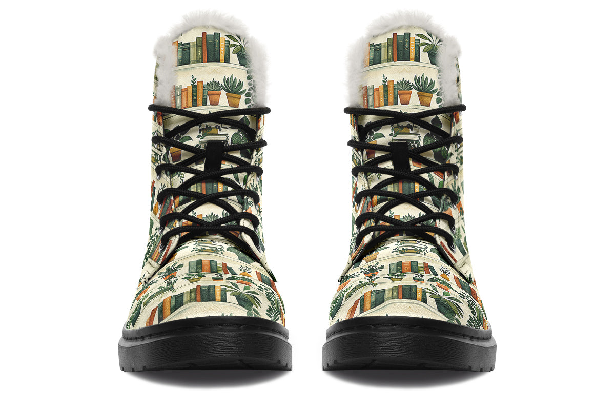 Books And Plants Faux Fur Boots - Offbeat Sweetie