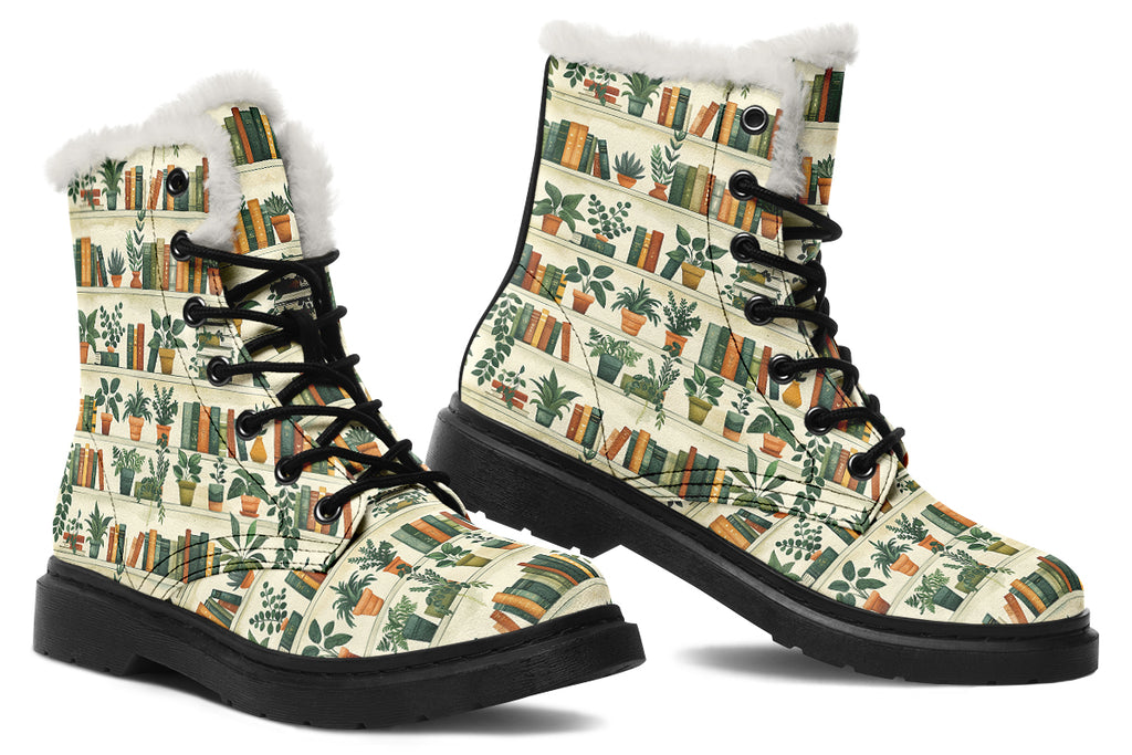 Books And Plants Faux Fur Boots - Offbeat Sweetie