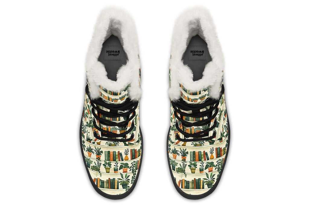 Books And Plants Faux Fur Boots - Offbeat Sweetie