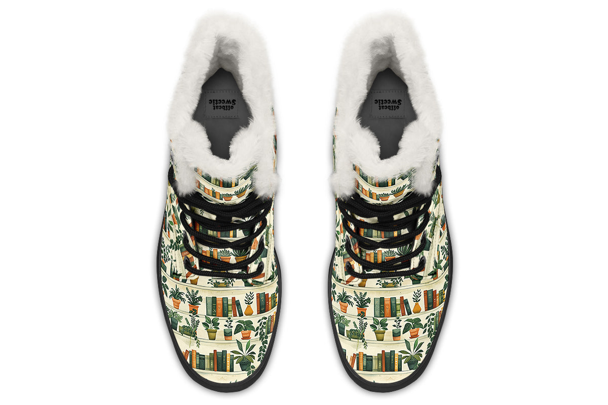 Books And Plants Faux Fur Boots - Offbeat Sweetie