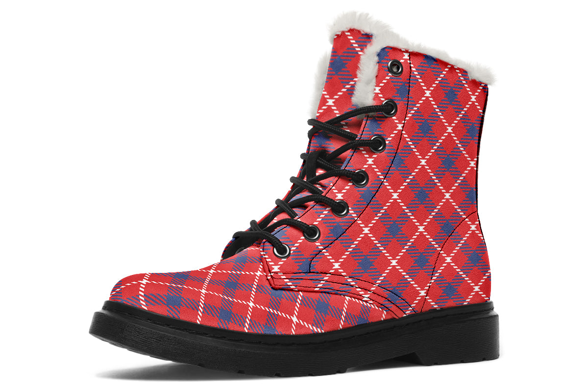 Cherry Red Plaid Faux Fur Boots