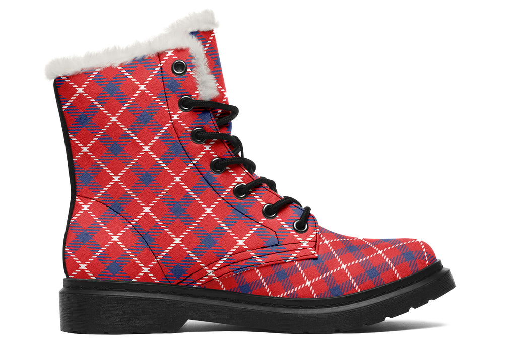 Cherry Red Plaid Faux Fur Boots