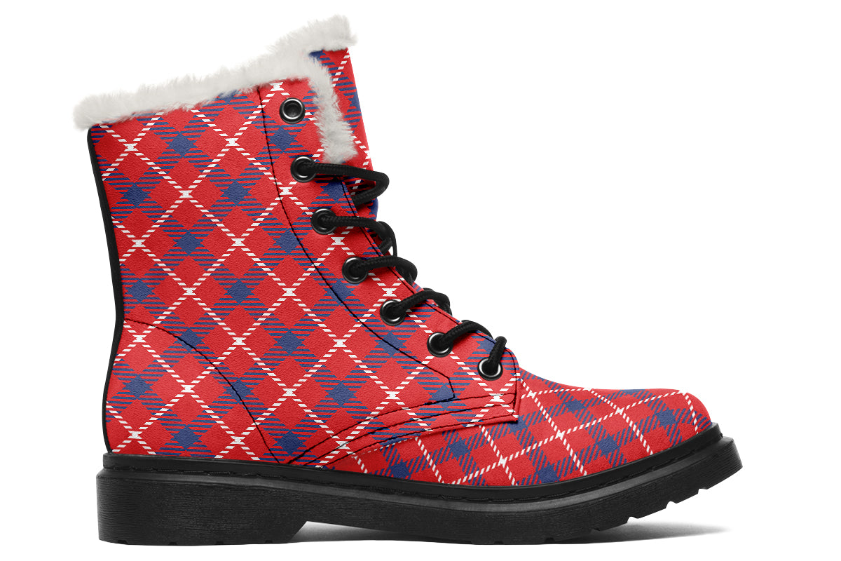 Cherry Red Plaid Faux Fur Boots