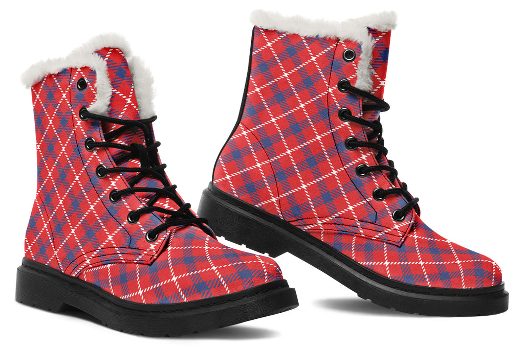 Cherry Red Plaid Faux Fur Boots
