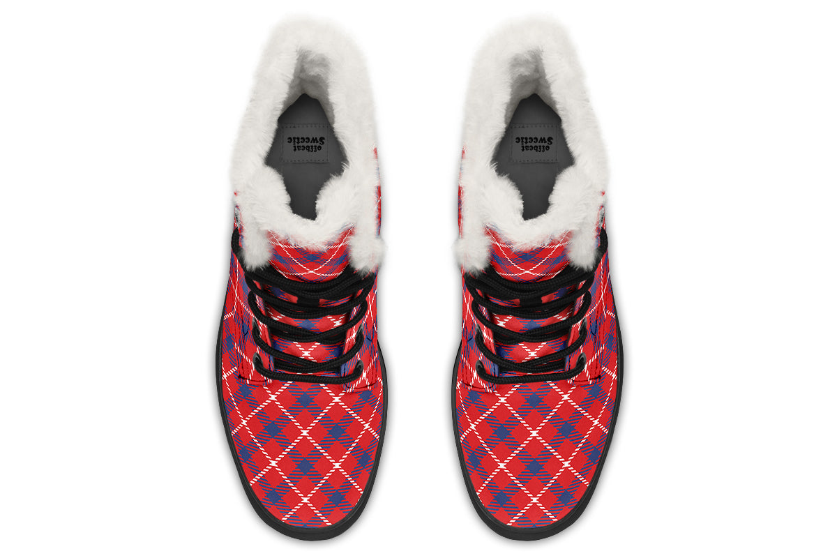 Cherry Red Plaid Faux Fur Boots