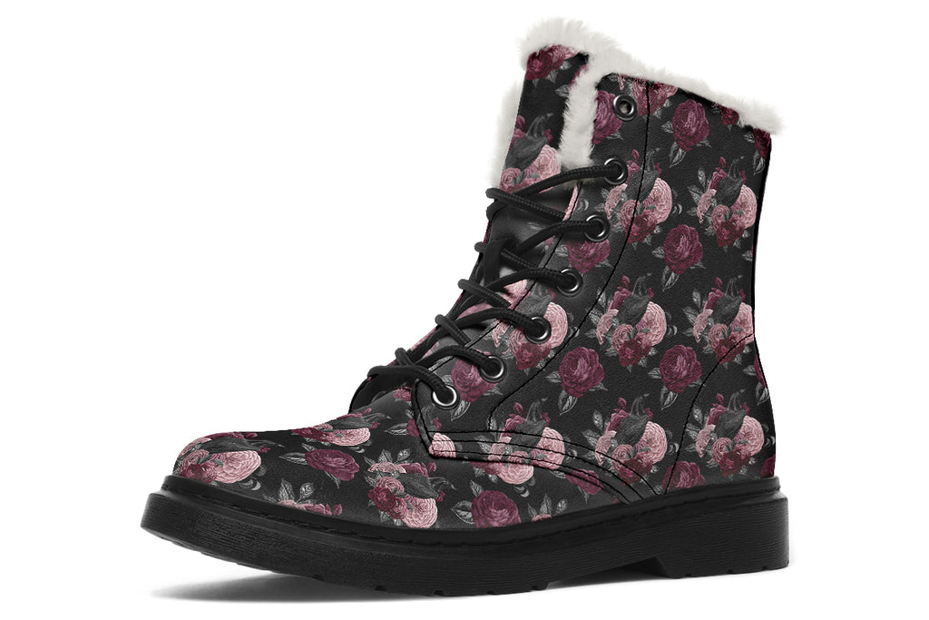 Crows And Roses Faux Fur Boots - Offbeat Sweetie
