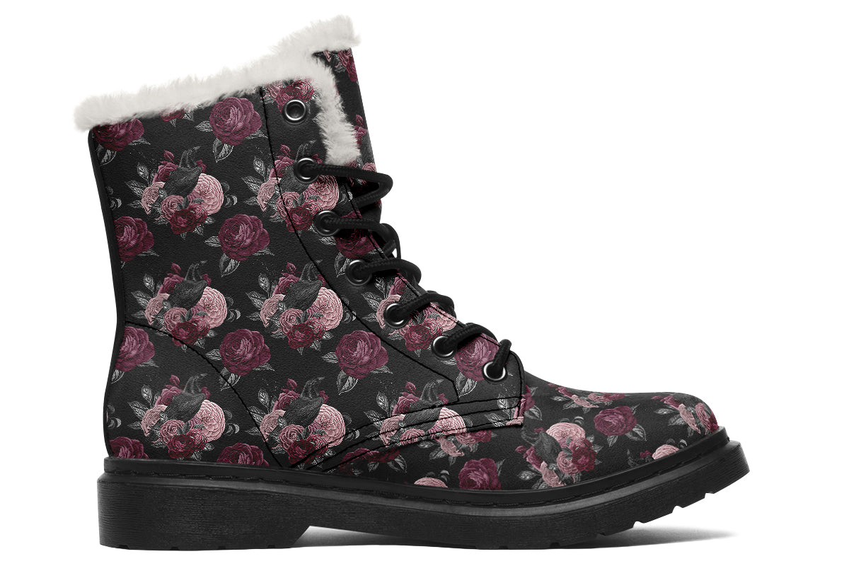 Crows And Roses Faux Fur Boots - Offbeat Sweetie