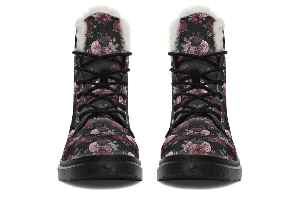 Crows And Roses Faux Fur Boots - Offbeat Sweetie