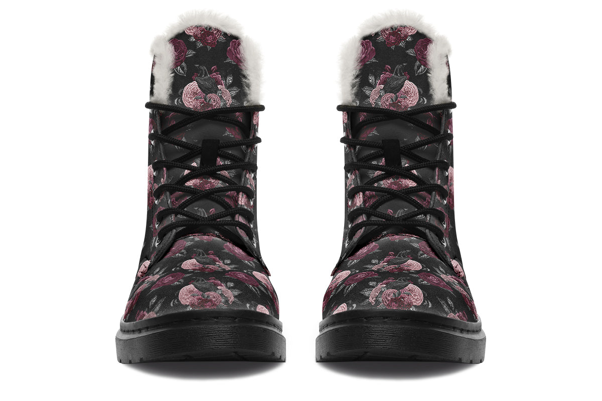 Crows And Roses Faux Fur Boots - Offbeat Sweetie