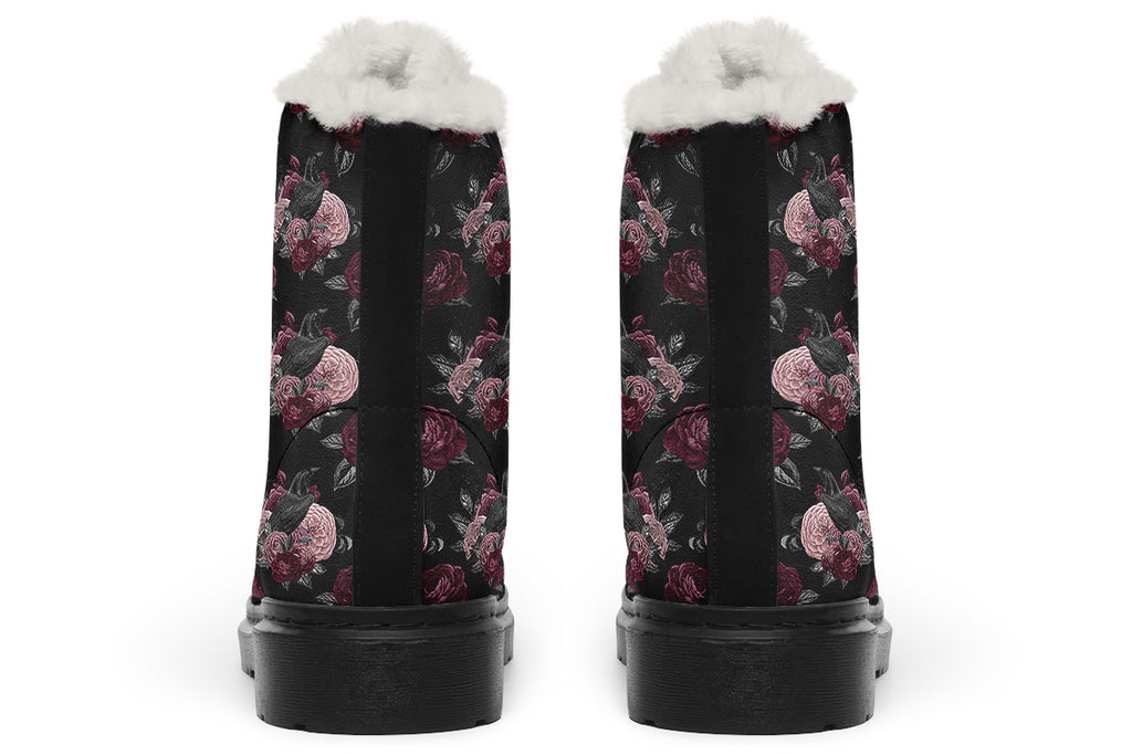 Crows And Roses Faux Fur Boots - Offbeat Sweetie