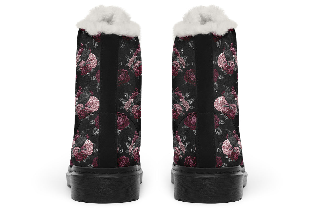 Crows And Roses Faux Fur Boots - Offbeat Sweetie