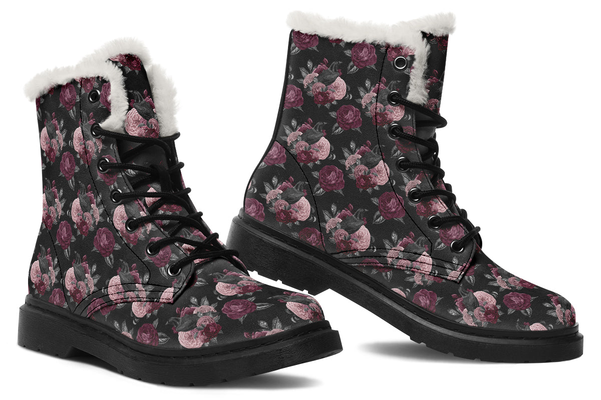 Crows And Roses Faux Fur Boots - Offbeat Sweetie
