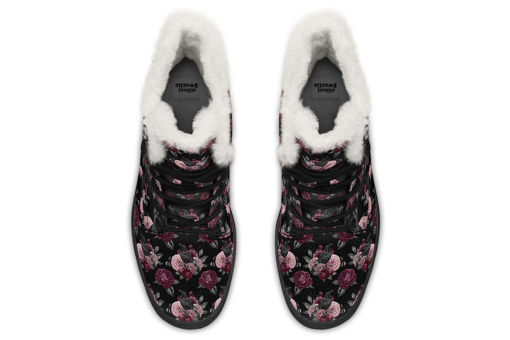 Crows And Roses Faux Fur Boots - Offbeat Sweetie