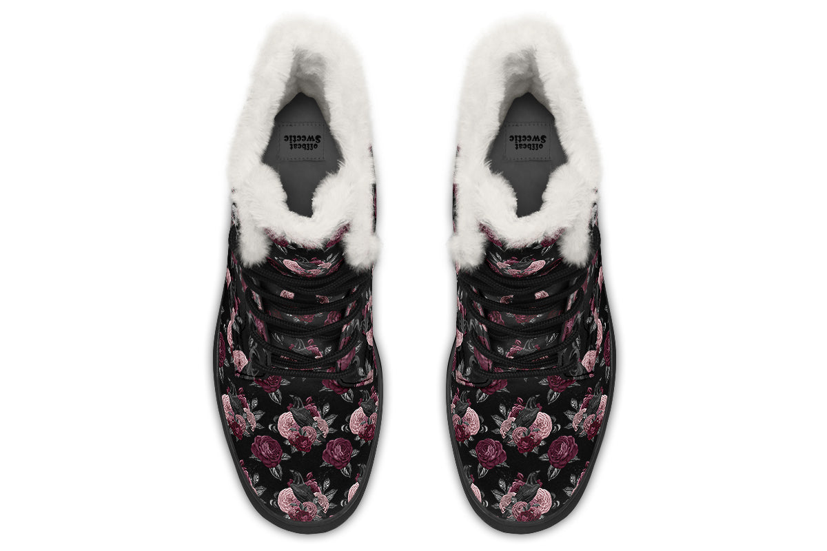 Crows And Roses Faux Fur Boots - Offbeat Sweetie