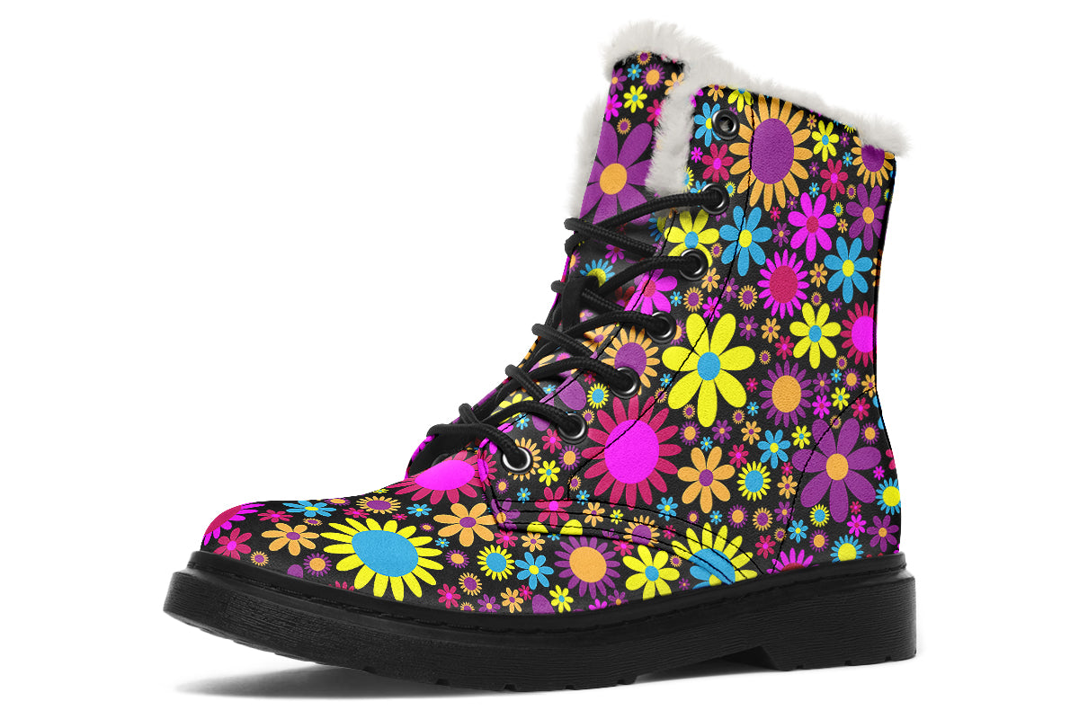 Funky Retro Flowers Faux Fur Boots - Offbeat Sweetie