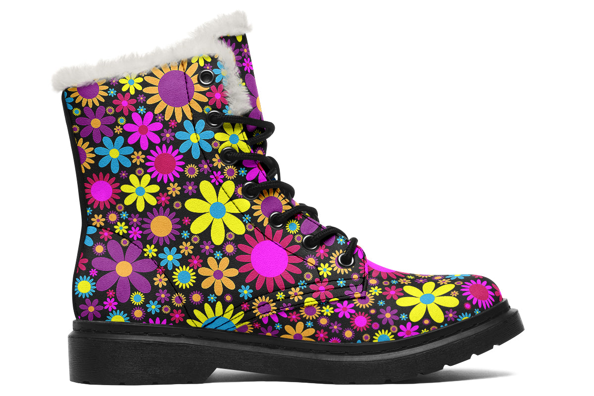 Funky Retro Flowers Faux Fur Boots - Offbeat Sweetie