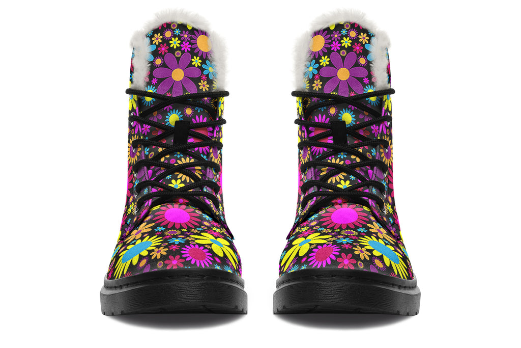 Funky Retro Flowers Faux Fur Boots - Offbeat Sweetie