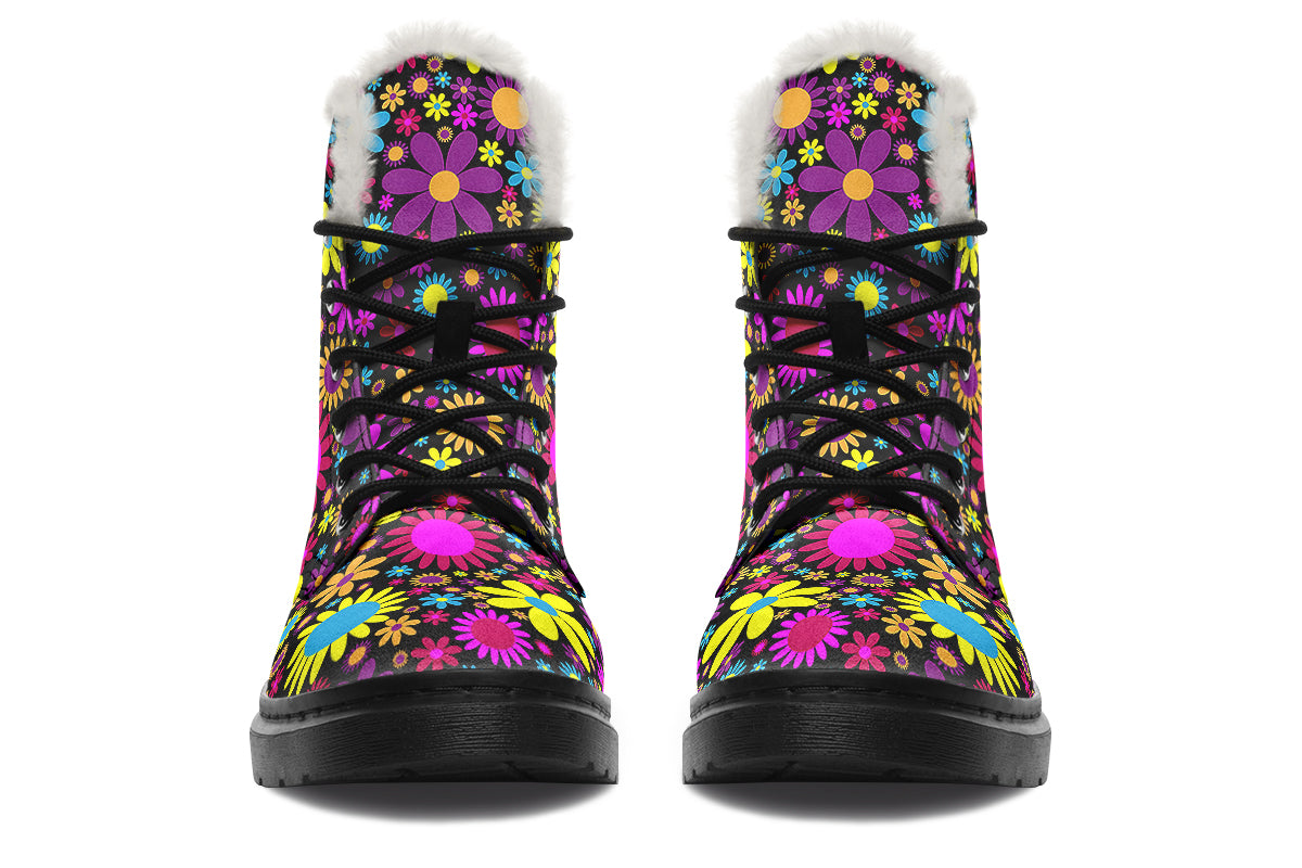 Funky Retro Flowers Faux Fur Boots - Offbeat Sweetie