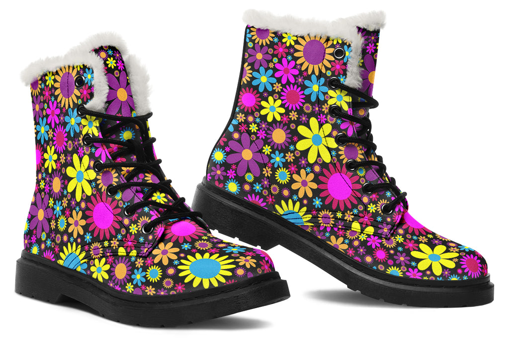 Funky Retro Flowers Faux Fur Boots - Offbeat Sweetie