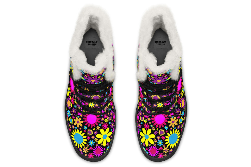 Funky Retro Flowers Faux Fur Boots - Offbeat Sweetie