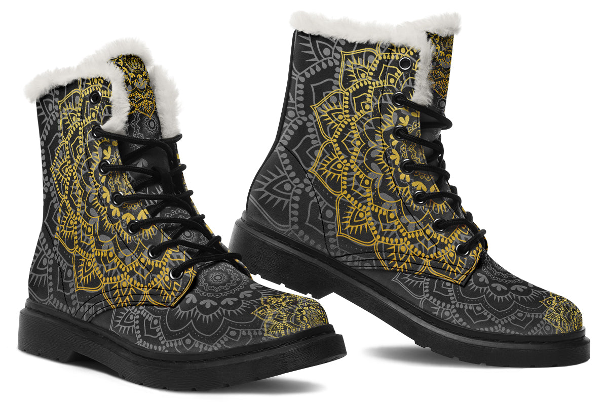 Golden Mandala Faux Fur Boots - Offbeat Sweetie