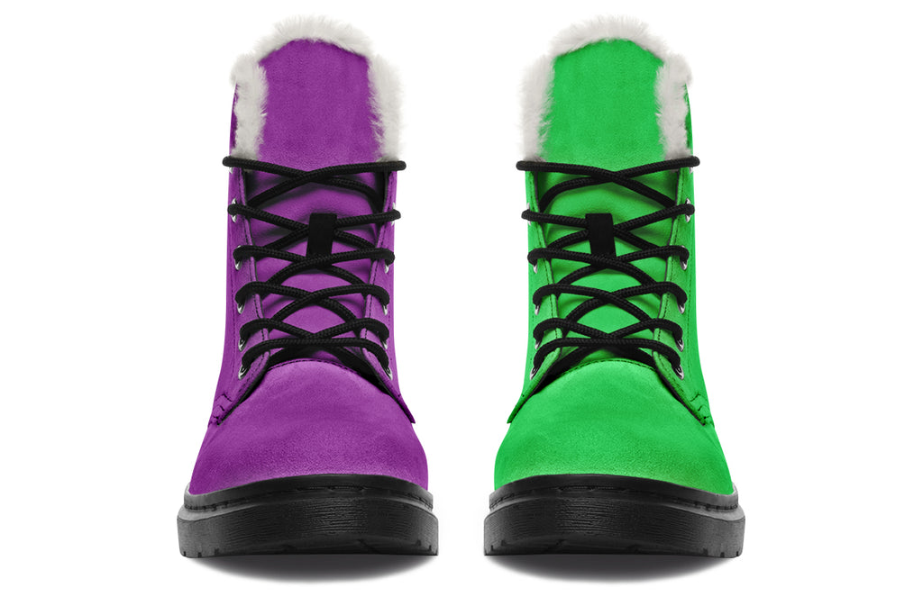 Green And Purple Mismatch Faux Fur Boots - Offbeat Sweetie