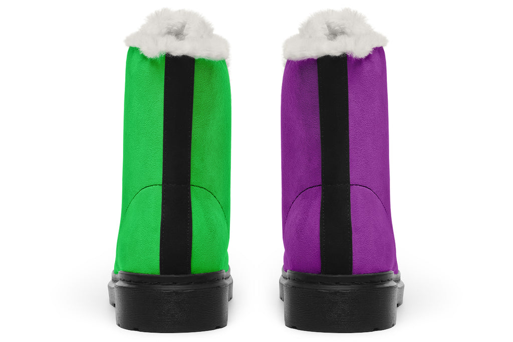 Green And Purple Mismatch Faux Fur Boots - Offbeat Sweetie