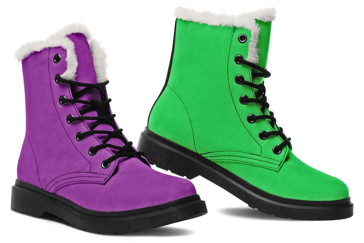 Green And Purple Mismatch Faux Fur Boots - Offbeat Sweetie