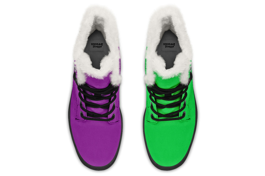 Green And Purple Mismatch Faux Fur Boots - Offbeat Sweetie