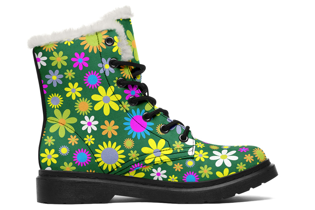 Green Retro Flowers Faux Fur Boots - Offbeat Sweetie