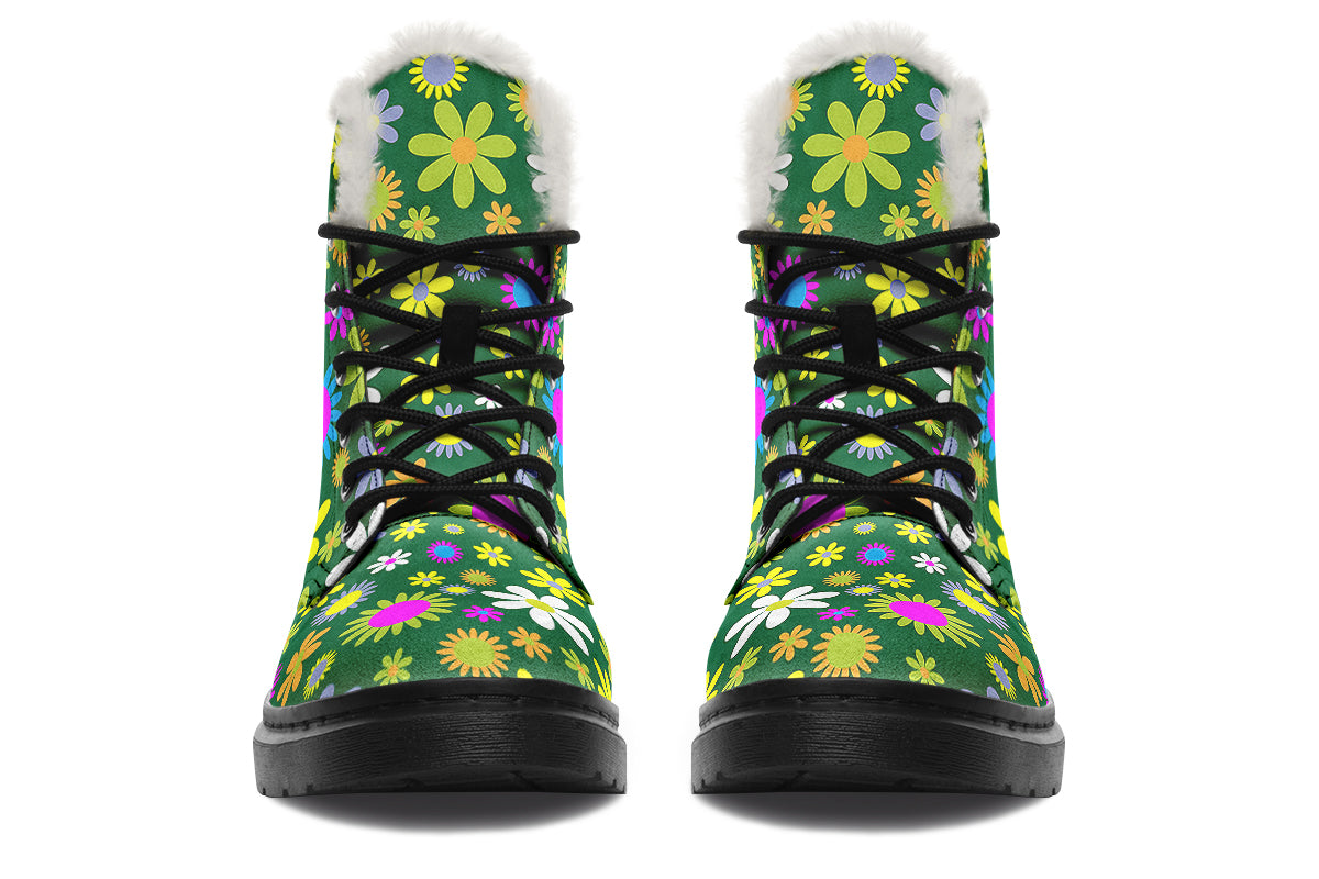 Green Retro Flowers Faux Fur Boots - Offbeat Sweetie