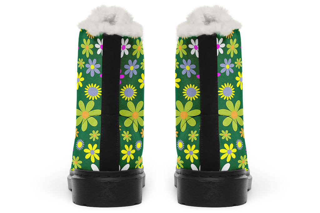 Green Retro Flowers Faux Fur Boots - Offbeat Sweetie